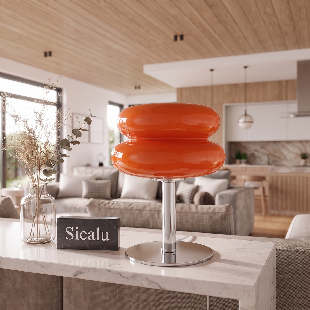 Lumina table lamp on a marble console with a Sicalu sign