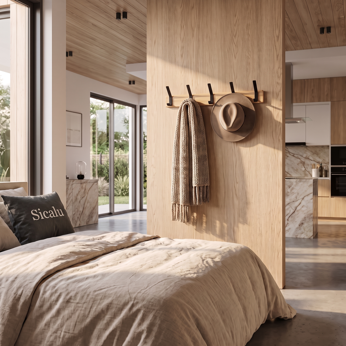 Haldor coat rack in a bedroom with a Sicalu cushion