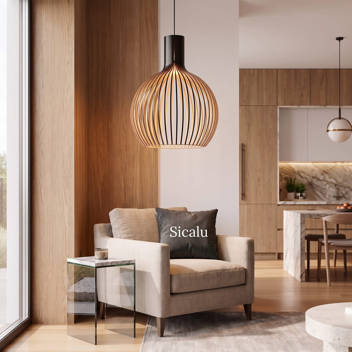 Aska wooden pendant light beside an armchair with a Sicalu cushion