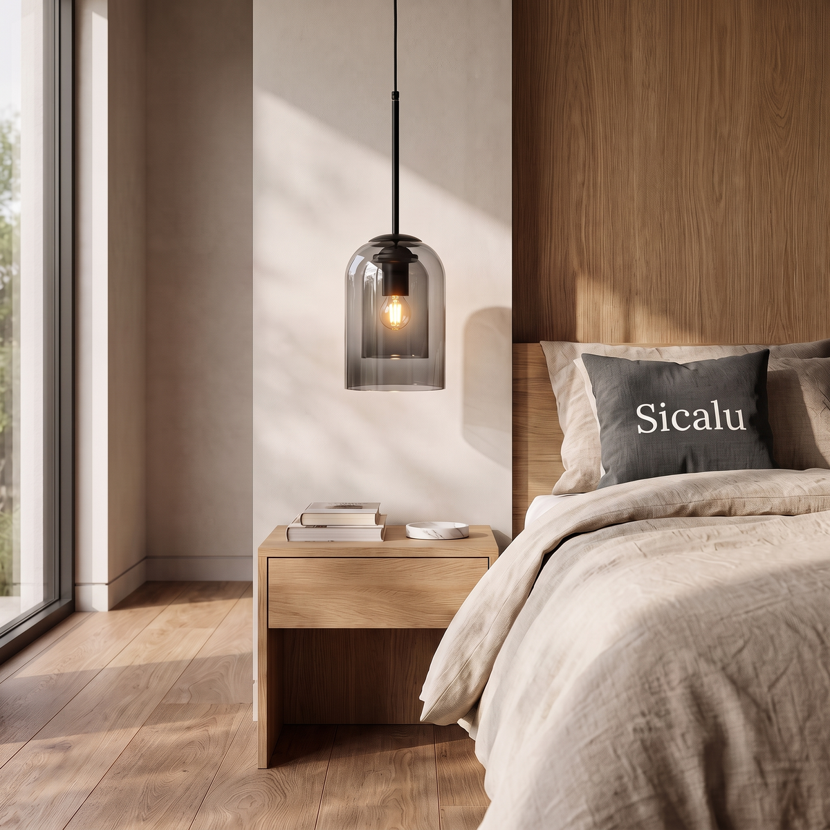 Nordlys pendant light beside a bed with a Sicalu cushion