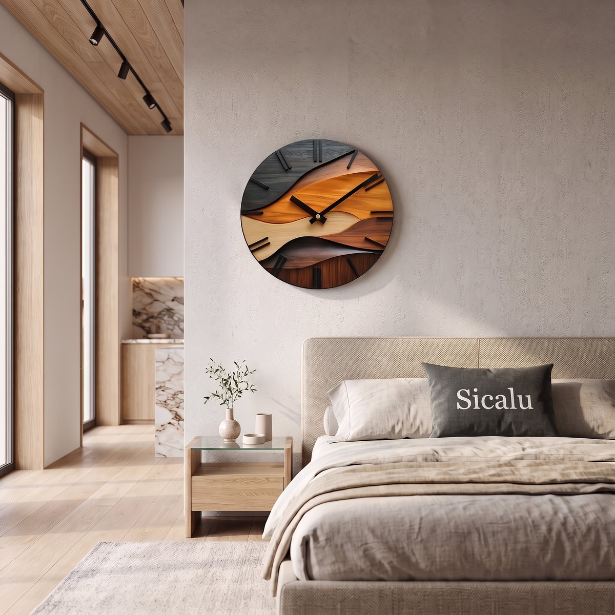 Tidewood wall clock above a bed with a Sicalu cushion