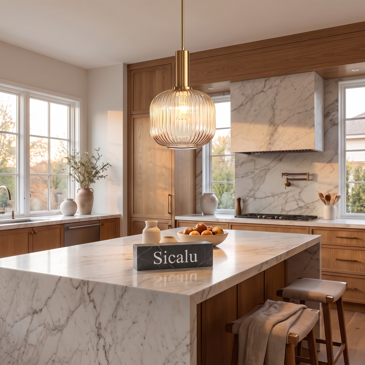 Brassa pendant light above a kitchen island with a Sicalu sign