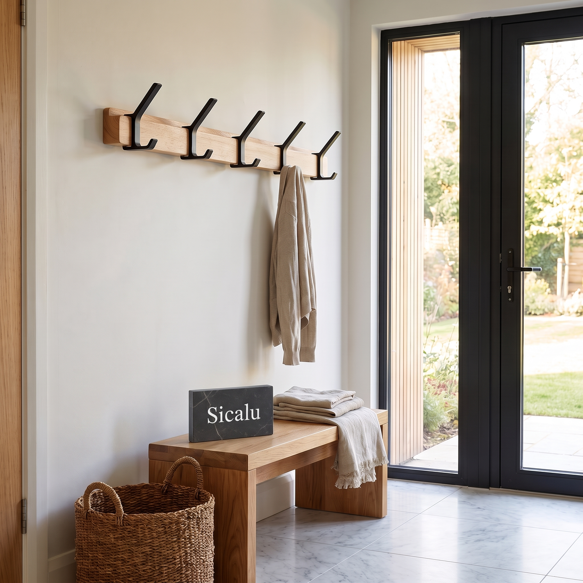 Haldor coat rack in a hallway with a Sicalu sign on the bench