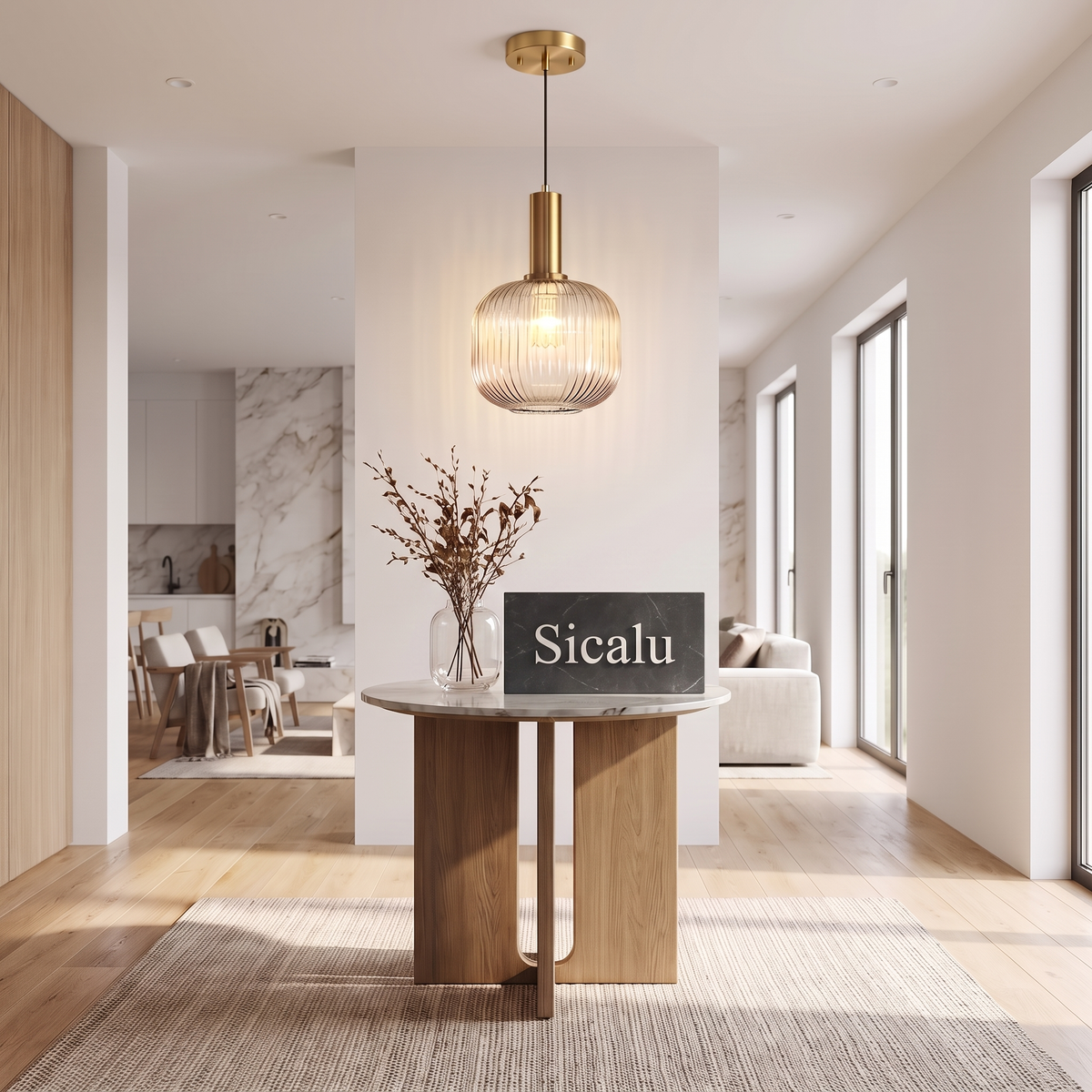 Brassa pendant light in an entryway with a Sicalu sign