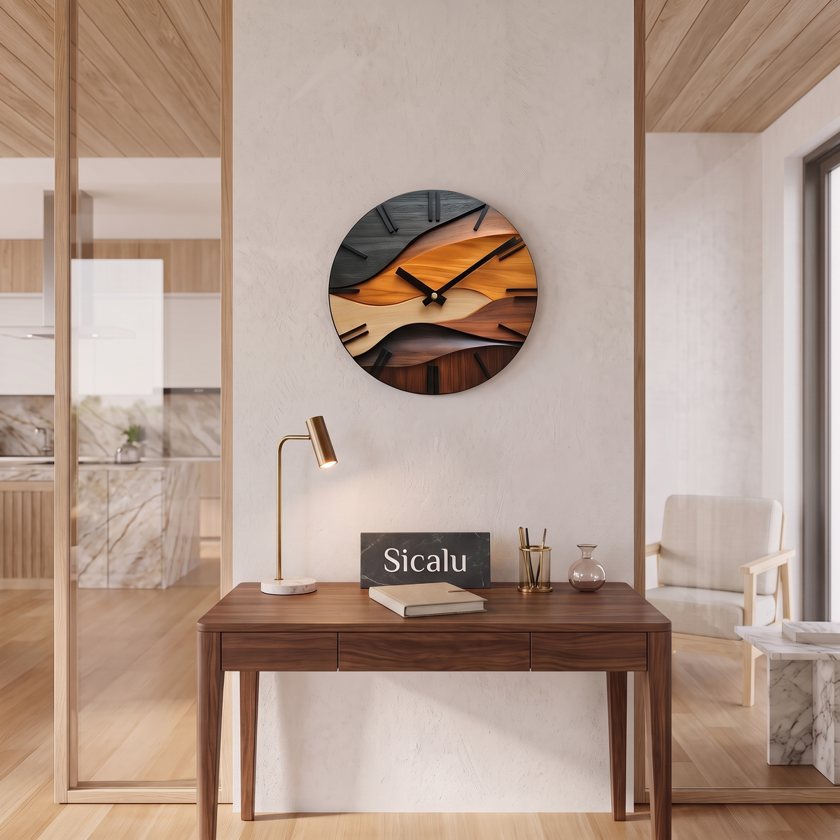 Tidewood wall clock above a desk with a Sicalu sign